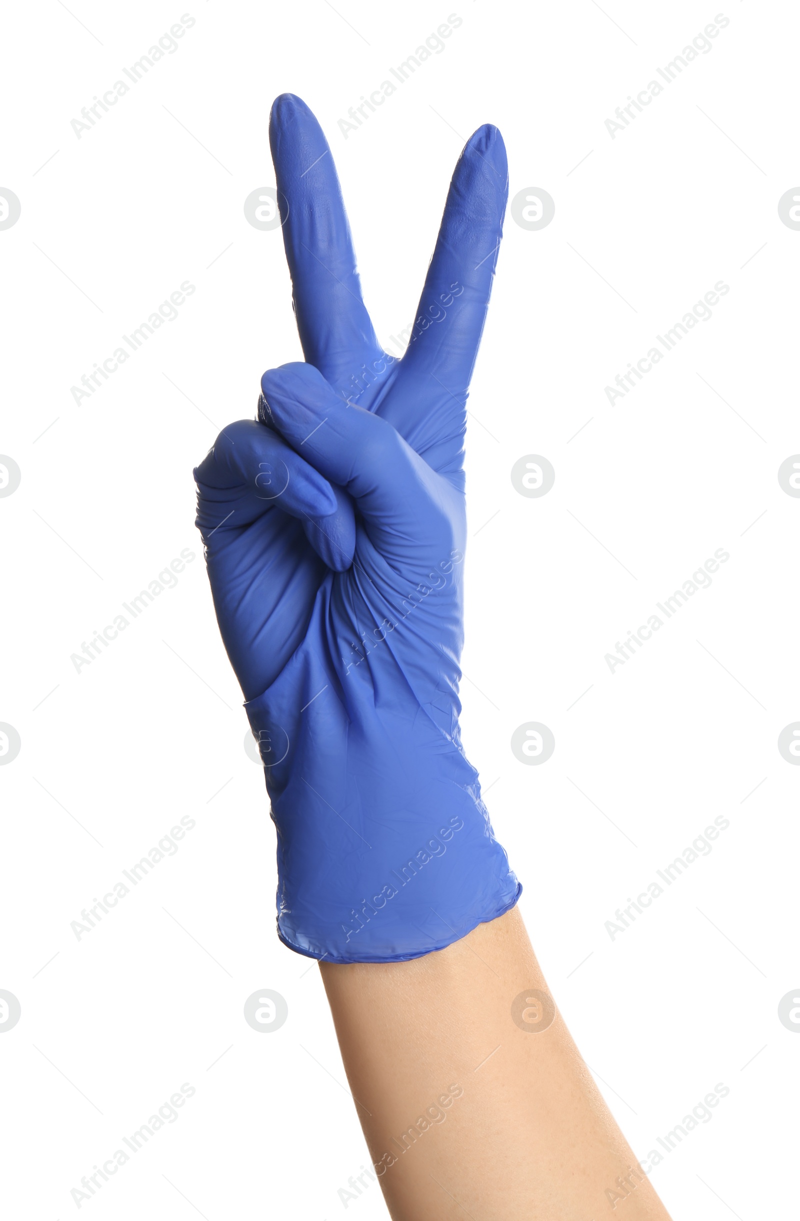 Photo of Woman in blue latex gloves showing two fingers on white background, closeup of hand