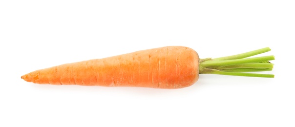Photo of Fresh ripe juicy carrot isolated on white, top view