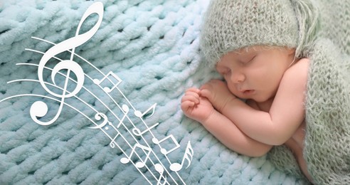 Image of Lullaby songs, banner design. Cute little baby sleeping on fluffy blanket. Illustration of flying music notes near child
