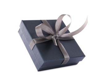 Photo of Dark gift box with ribbon and bow on white background