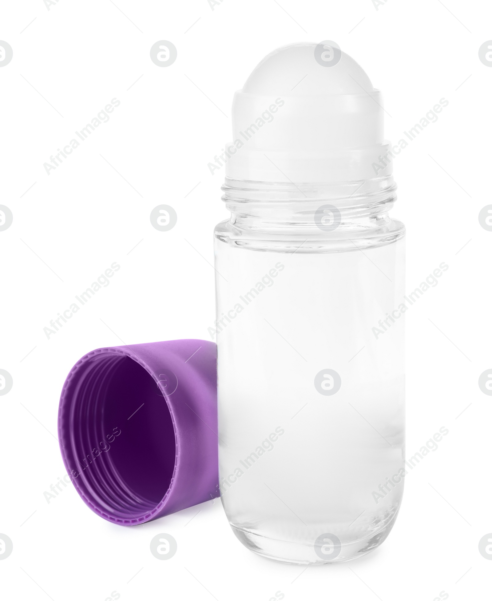 Photo of Blank glass deodorant container on white background