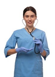 Photo of Doctor with stethoscope holding something on white background. Cardiology concept