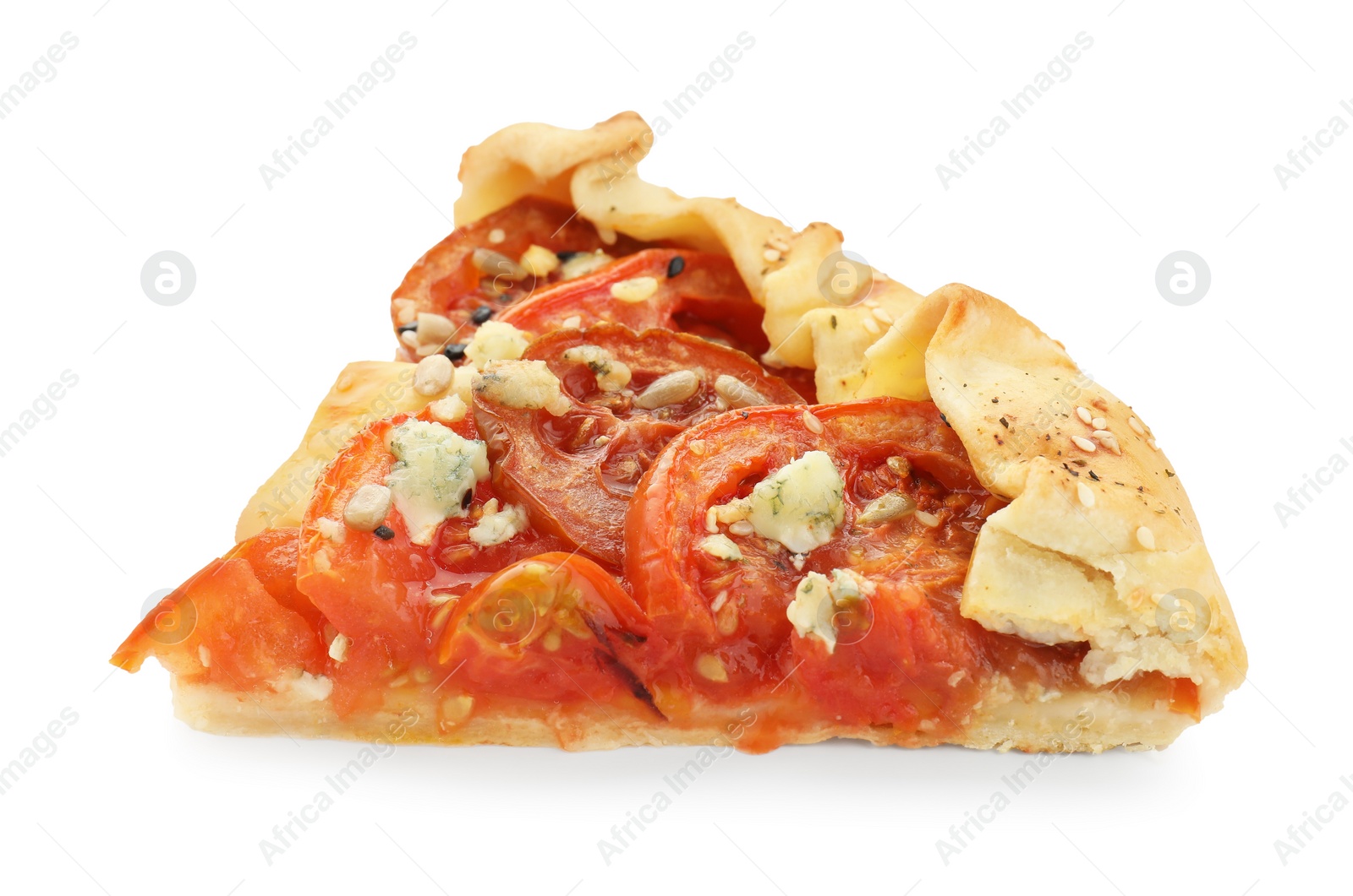 Photo of Piece of tasty galette with tomato and cheese (Caprese galette) isolated on white