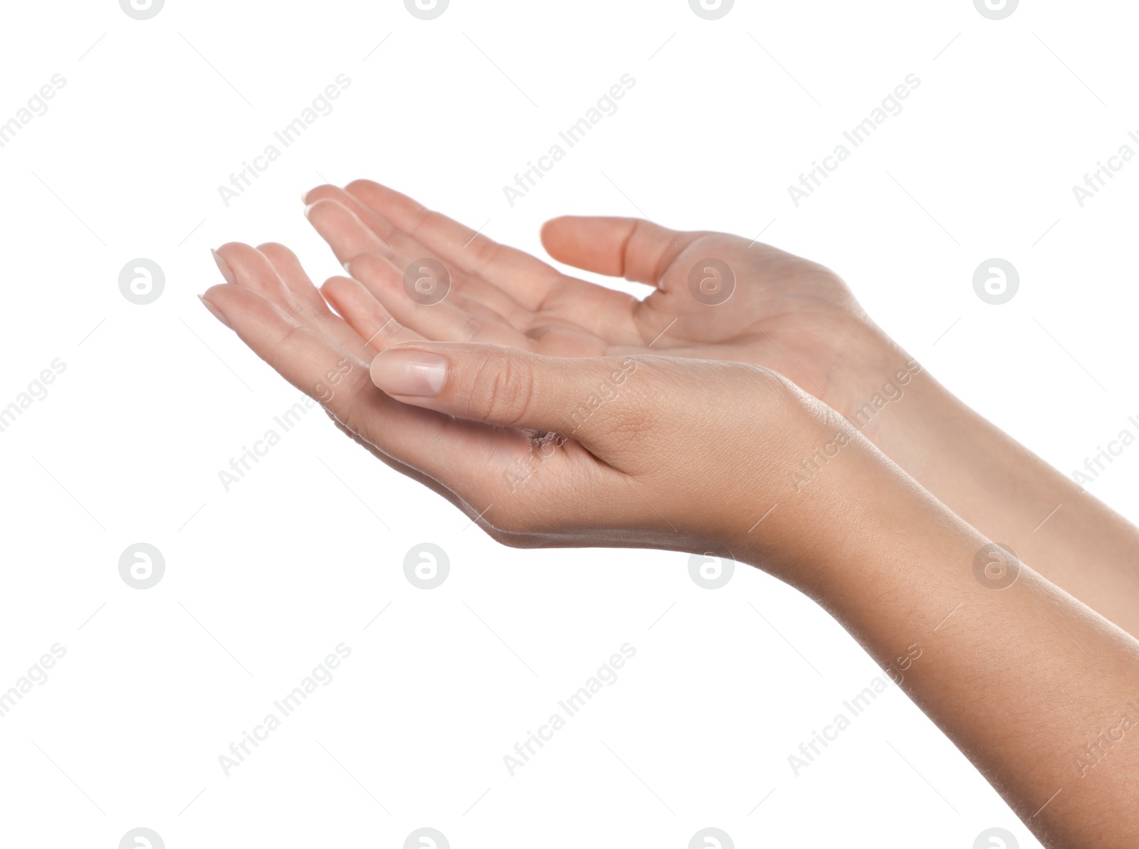 Photo of Woman holding her hands against white background, closeup