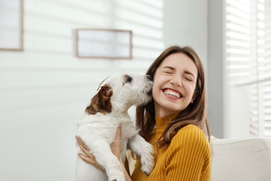 Photo of Young woman with her cute Jack Russell Terrier at home. Lovely pet