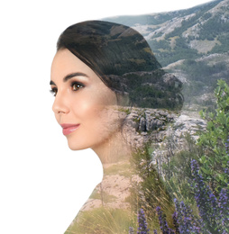 Image of Picturesque landscape and beautiful woman on white background. Double exposure