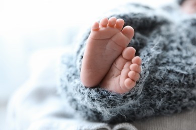 Photo of Newborn baby lying on plaid, closeup of legs