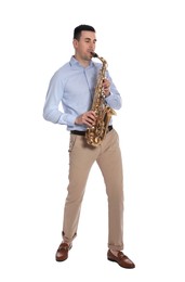 Young man playing saxophone on white background