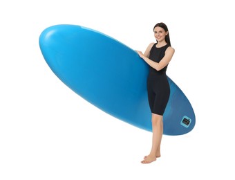 Happy woman with blue SUP board on white background