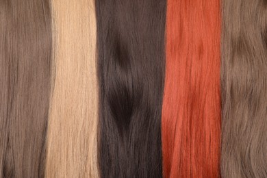 Strands of different hair as background, top view