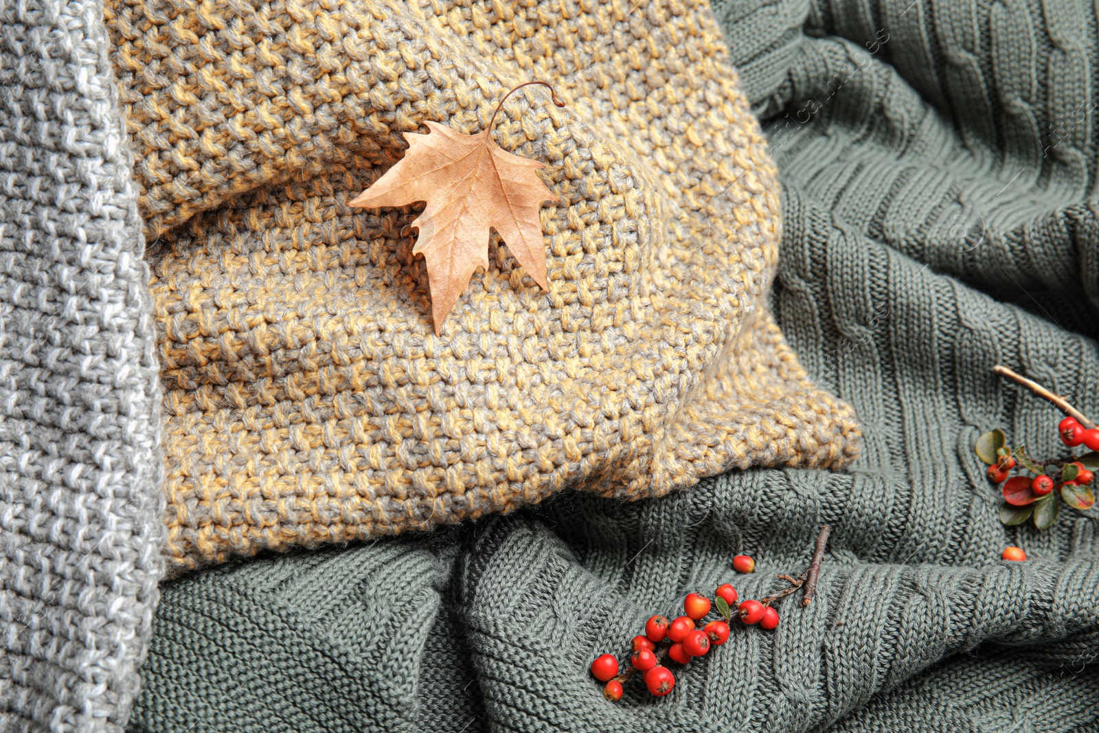 Photo of Dry leaf and red berries on pile of knitted plaids, closeup