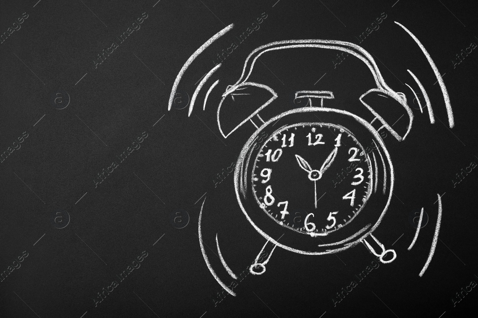 Photo of Drawn alarm clock on blackboard, space for text. School time