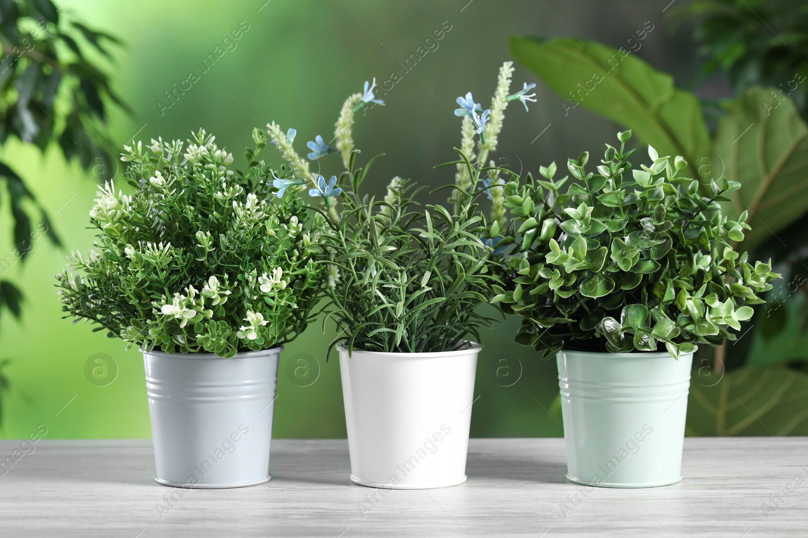 Photo of Different artificial potted herbs on white wooden table outdoors