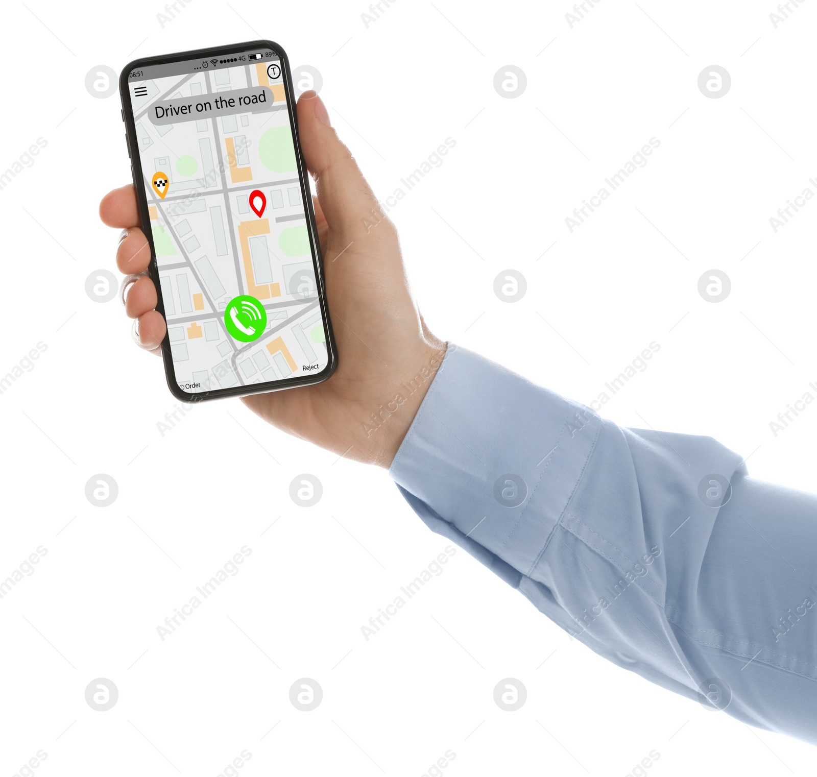 Photo of Man ordering taxi with smartphone on white background, closeup