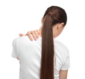 Photo of Woman touching her neck on white background, back view