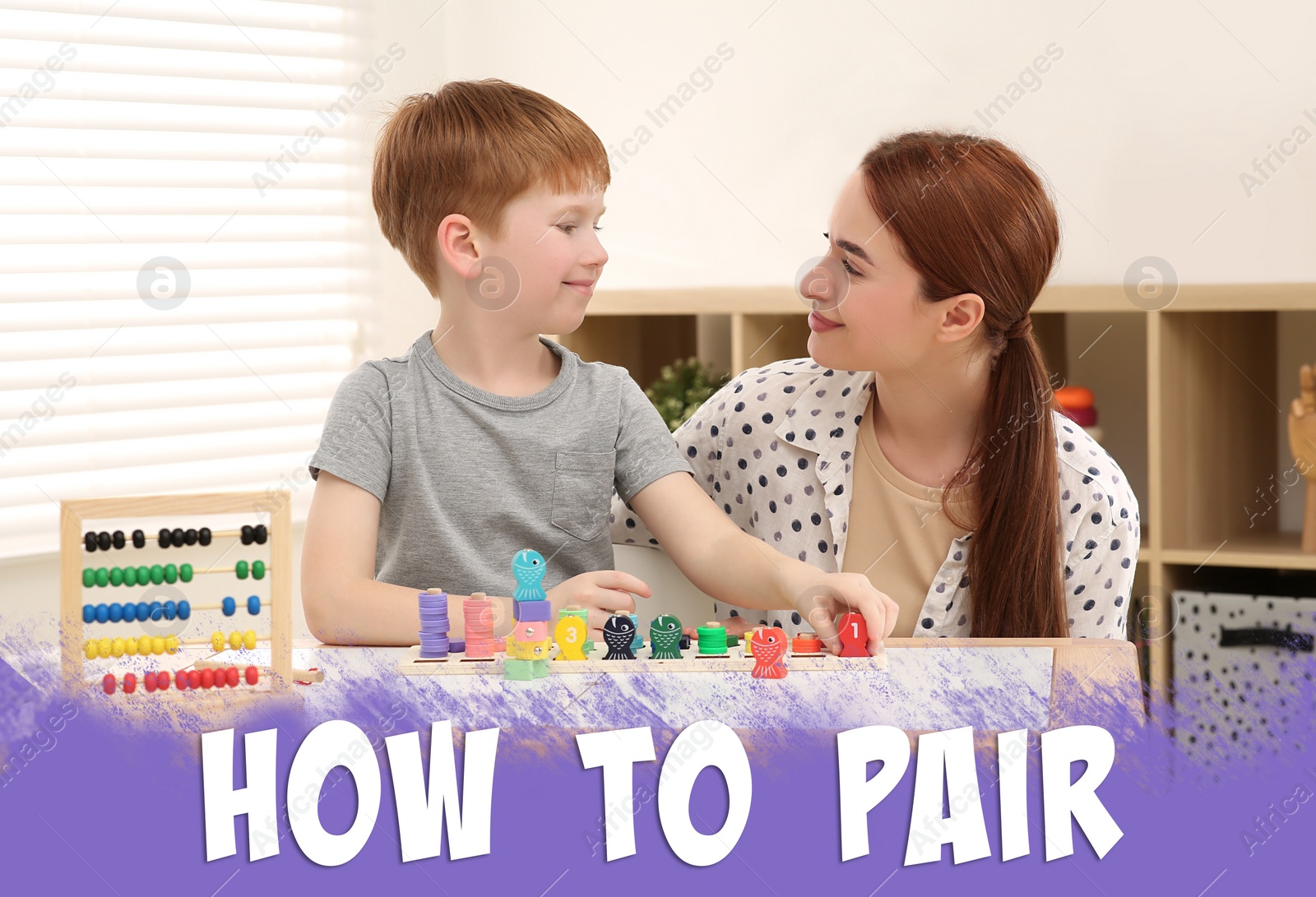 Image of How To Pair. Mother and her son playing together at desk indoors