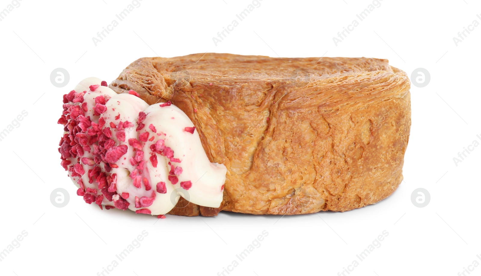 Photo of Round croissant with cream isolated on white. Tasty puff pastry