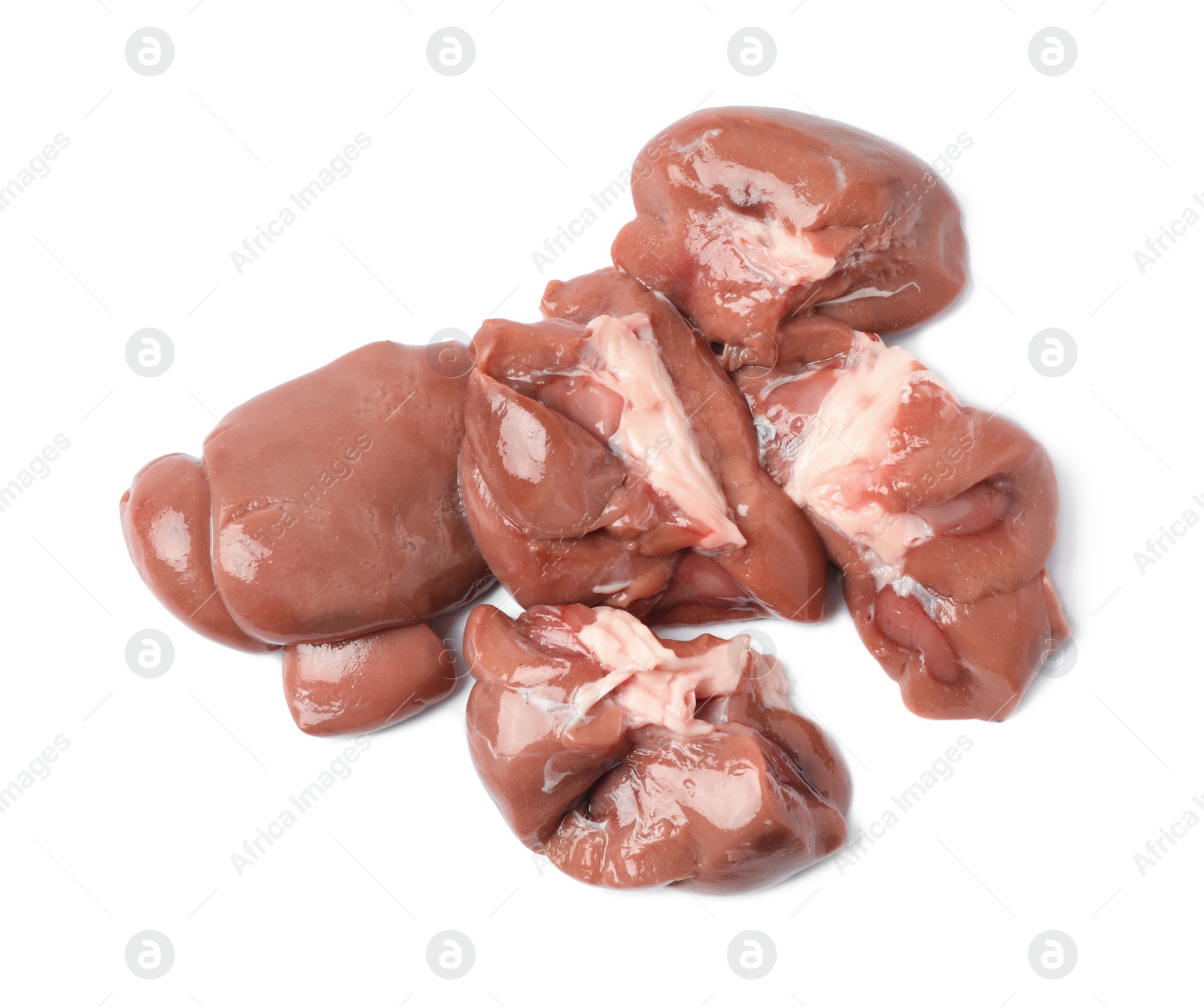 Photo of Fresh raw beef kidneys on white background, top view