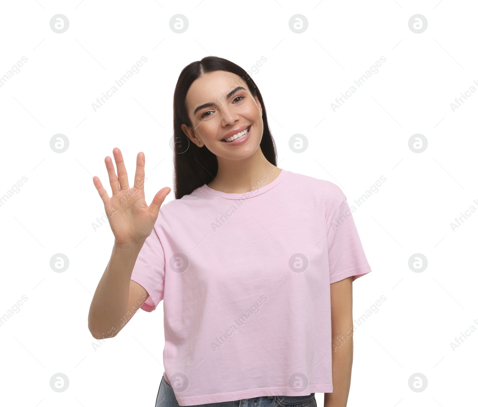 Photo of Happy woman giving high five on white background