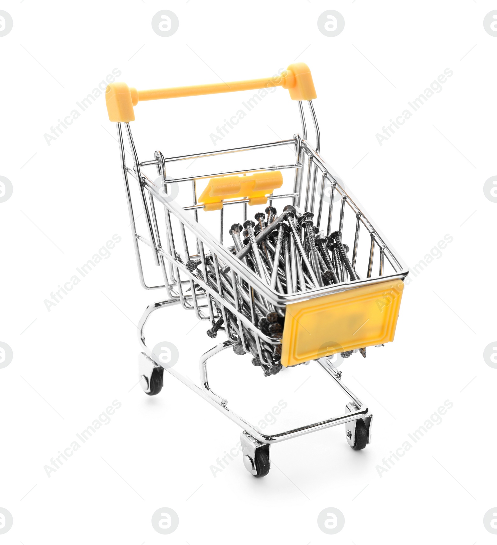 Photo of Small shopping cart with metal nails isolated on white. Construction tools