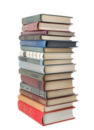 Stack of hardcover books on white background