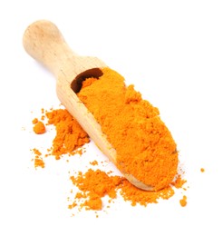 Photo of Wooden scoop with saffron powder on white background