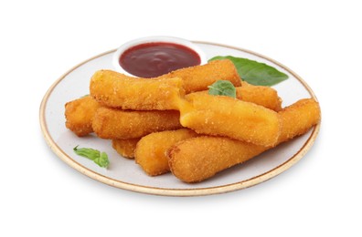 Photo of Tasty fried mozzarella sticks served with tomato sauce isolated on white