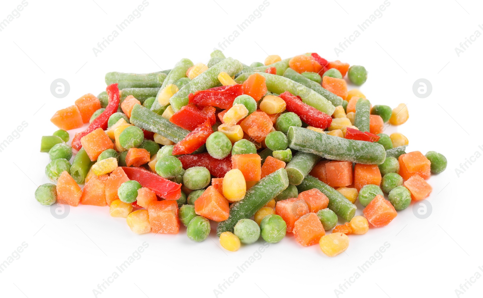 Photo of Mix of different frozen vegetables isolated on white