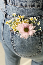 Photo of Woman with beautiful tender flowers in jeans pocket, closeup