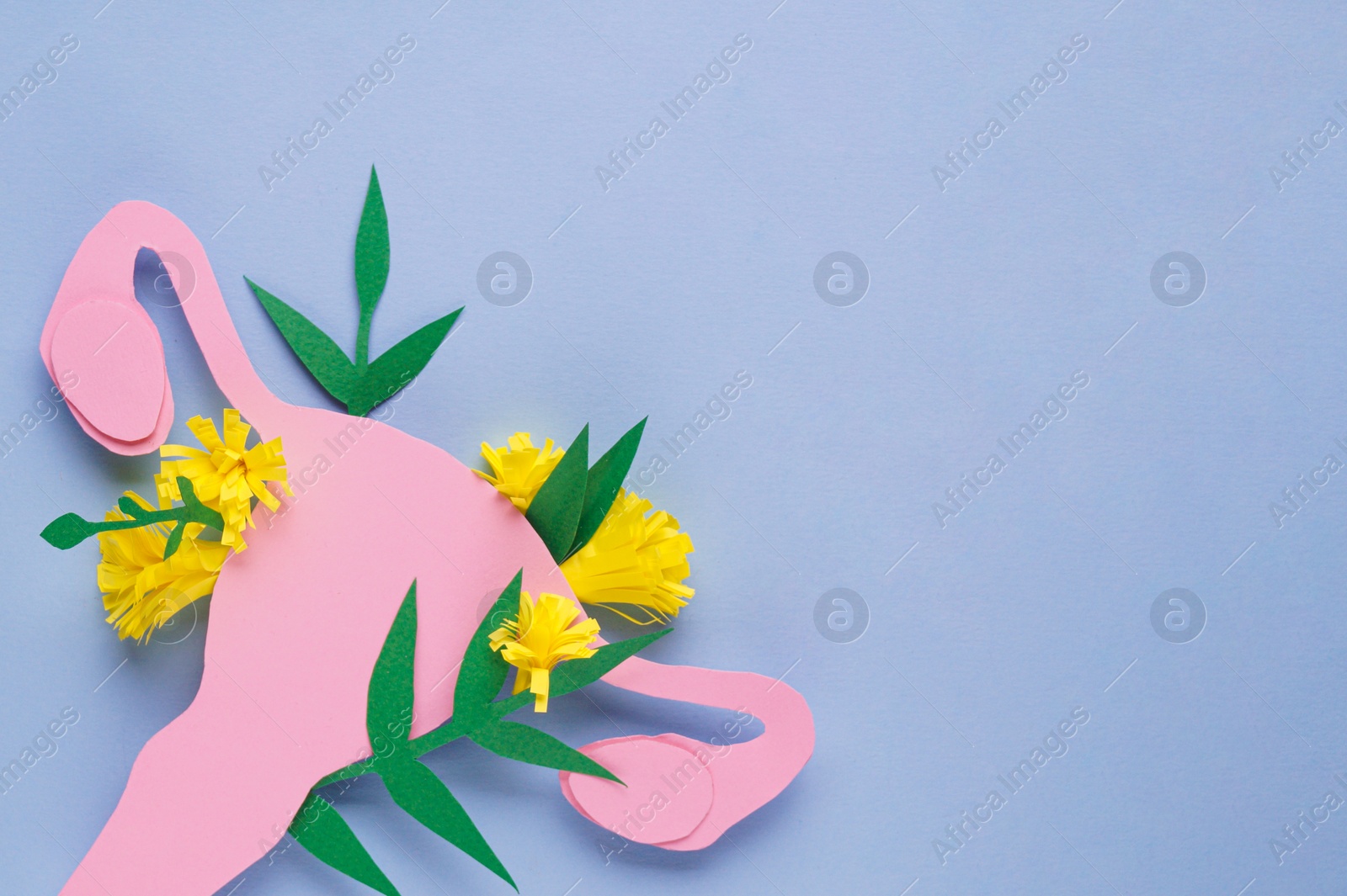 Photo of Woman's health. Paper uterus and flowers on grey background, flat lay with space for text