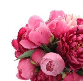 Bouquet of beautiful peonies on white background, closeup