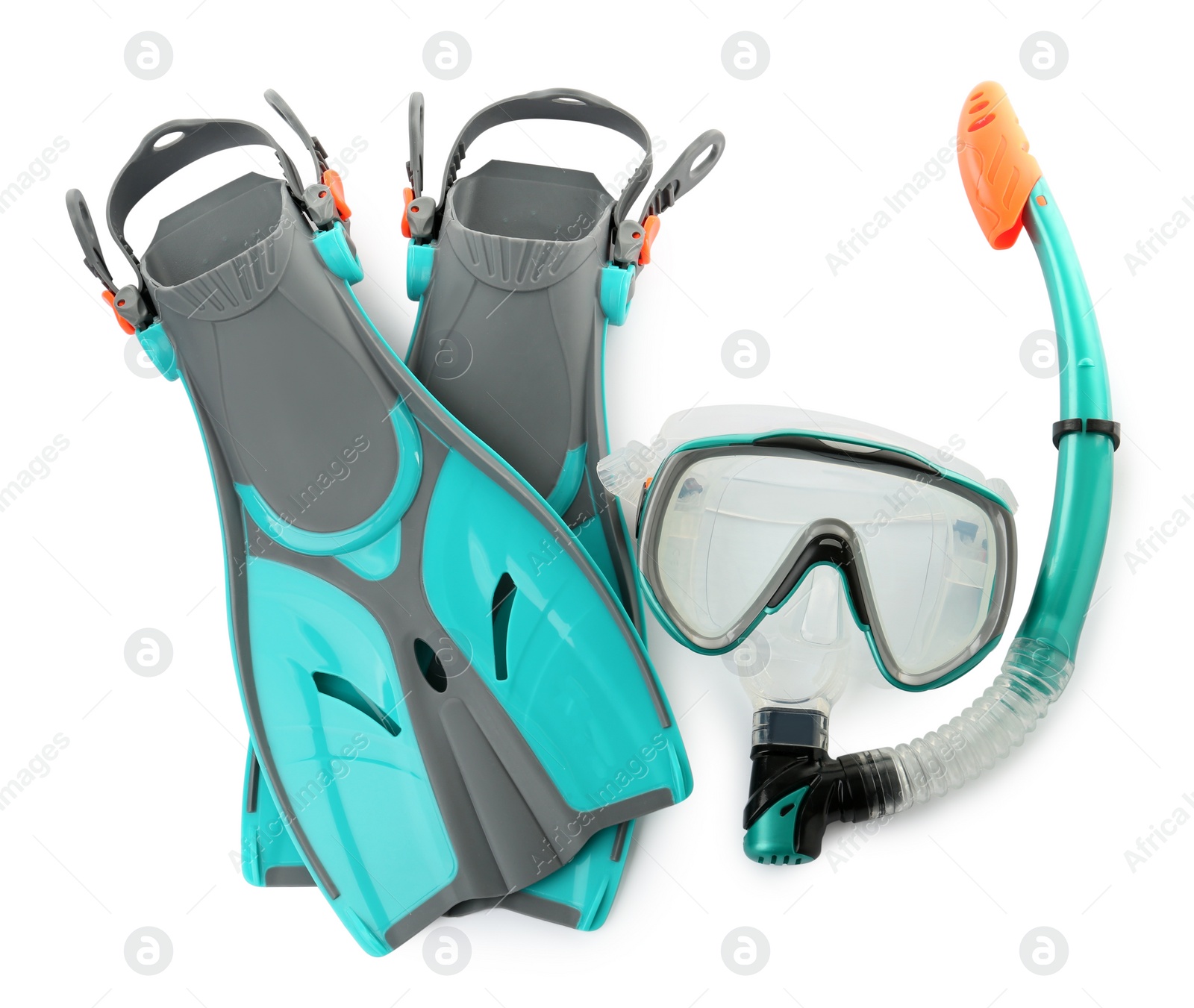 Photo of Pair of turquoise flippers and mask on white background, top view