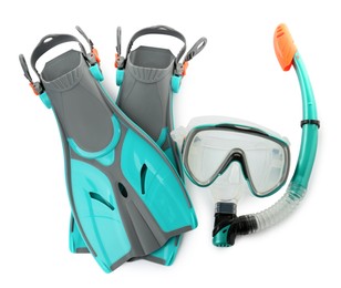 Photo of Pair of turquoise flippers and mask on white background, top view