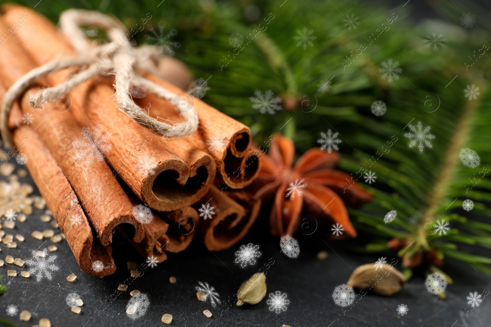 Image of Different spices and fir tree branches on dark table, closeup. Cinnamon, anise, cardamom