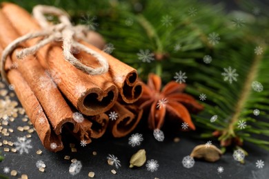 Image of Different spices and fir tree branches on dark table, closeup. Cinnamon, anise, cardamom