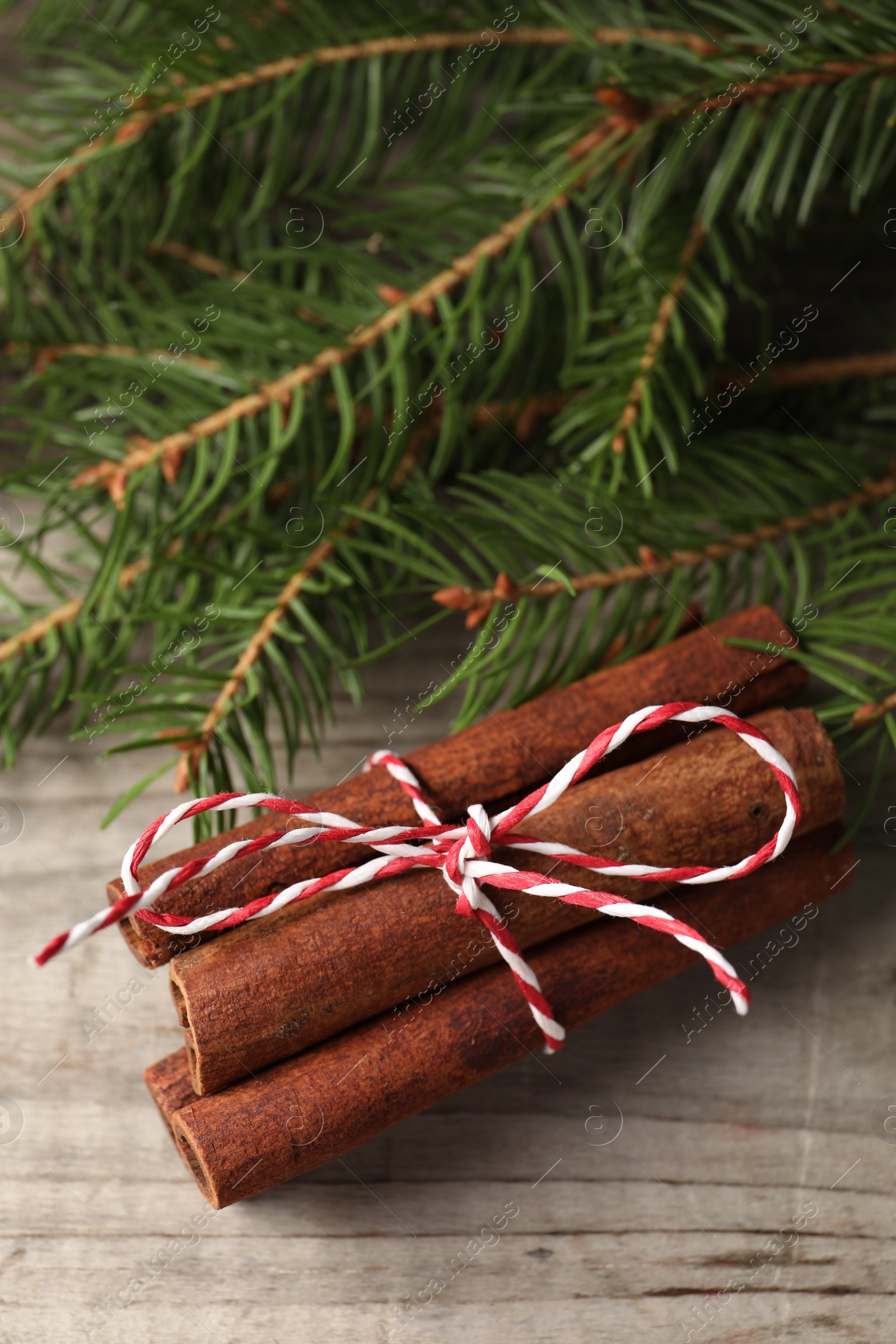 Photo of Cinnamon sticks and fir branches on wooden table, closeup