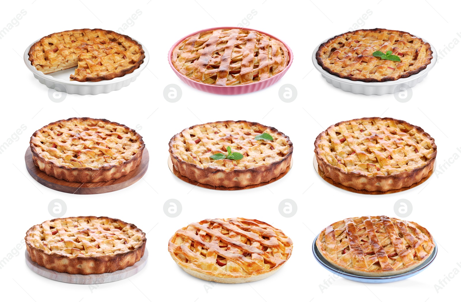 Image of Set of traditional apple pies on white background