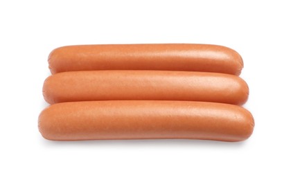 Photo of Fresh raw sausages isolated on white. Ingredients for hot dogs