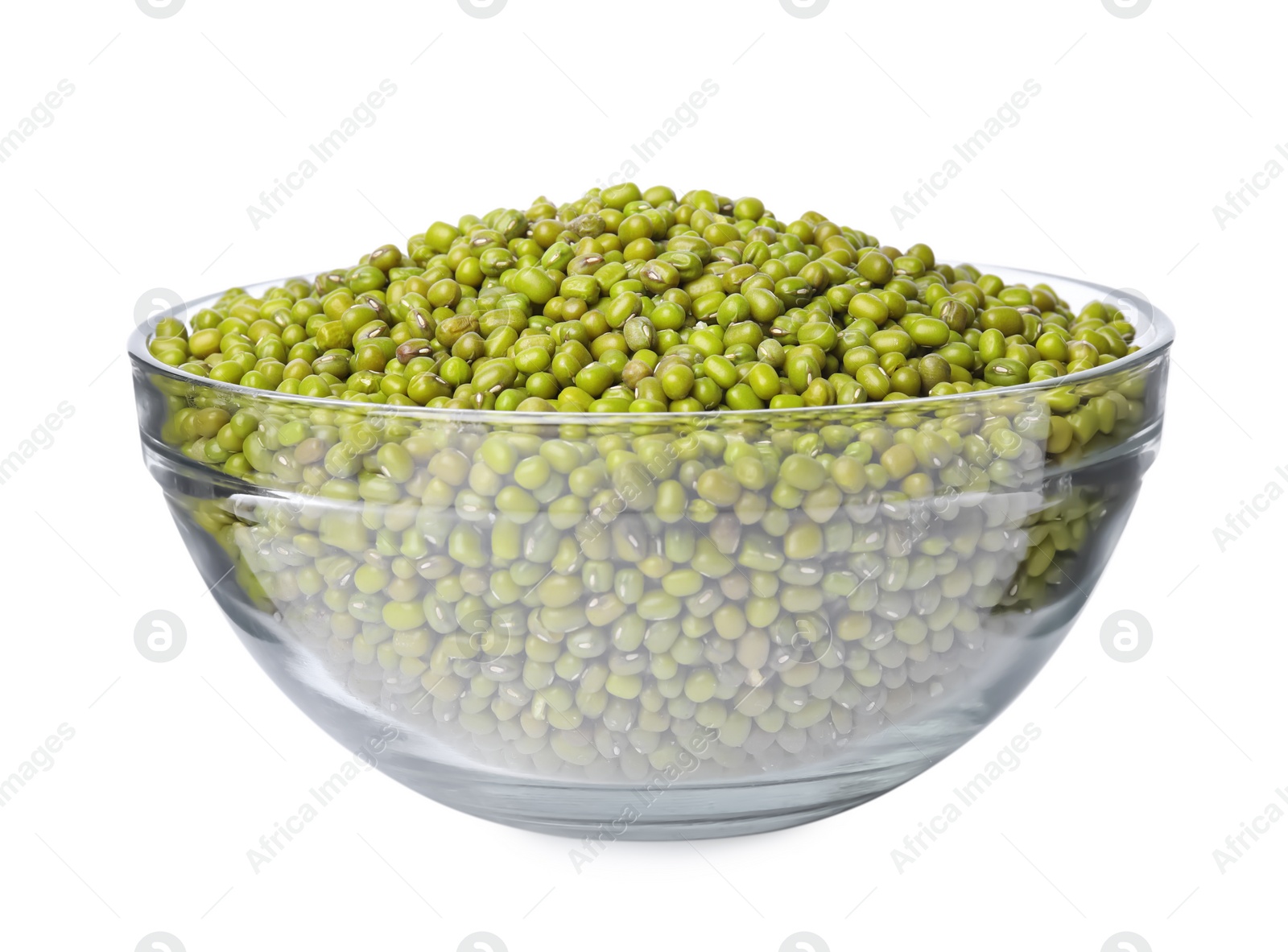 Photo of Bowl with fresh mung beans isolated on white