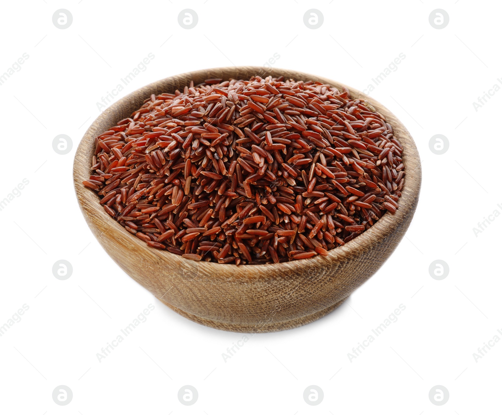 Photo of Wooden bowl with brown rice on white background