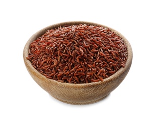 Wooden bowl with brown rice on white background