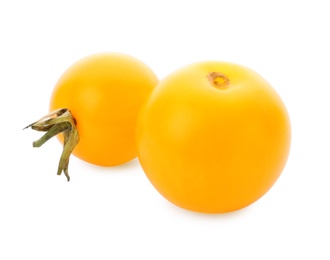 Photo of Delicious ripe yellow cherry tomatoes on white background