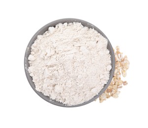 Photo of Bowl with oat flour and flakes on white background, top view