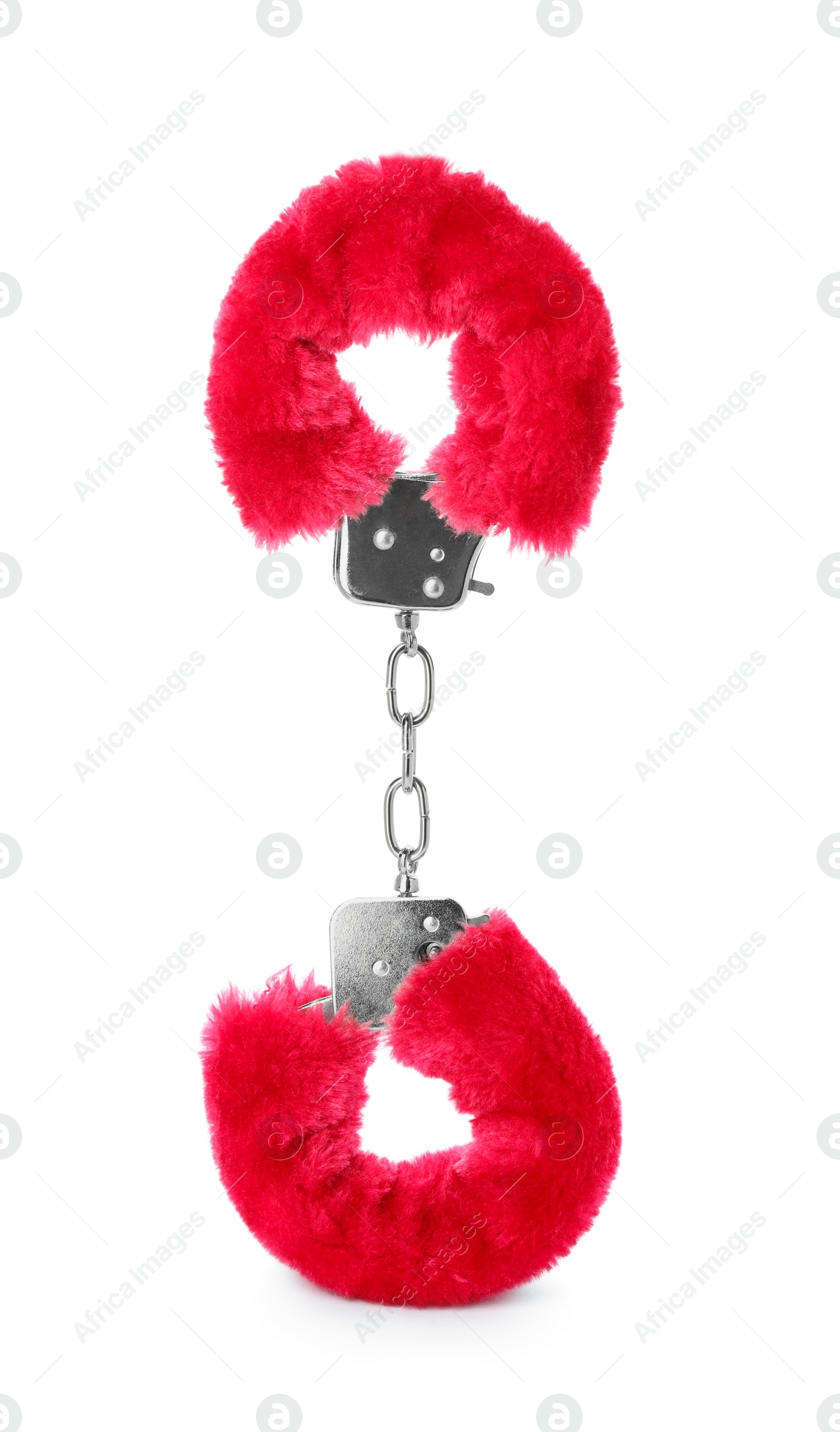 Photo of Red furry handcuffs on white background. Accessory for sexual roleplay