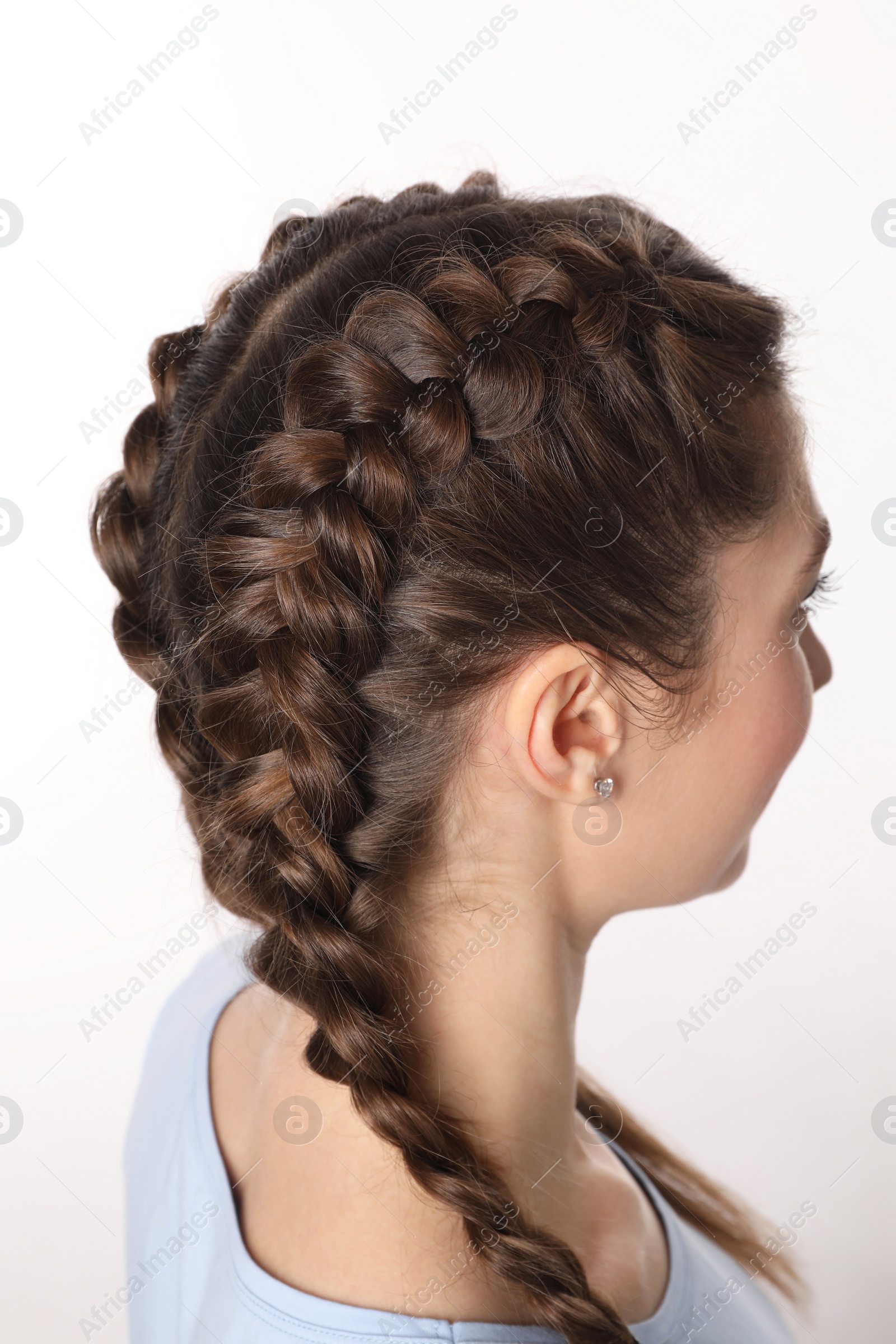 Photo of Woman with braided hair on white background