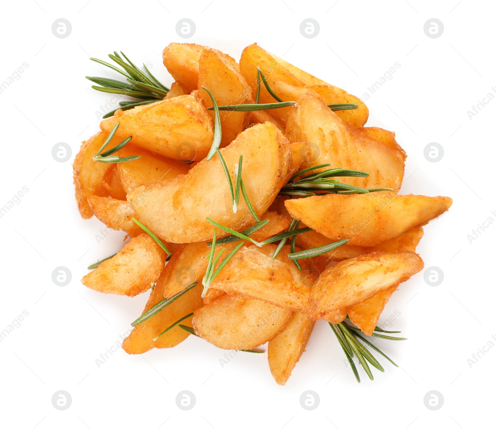 Photo of Baked potatoes with rosemary on white background, top view