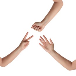 People playing rock, paper and scissors on white background, top view