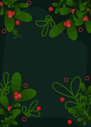 Illustration of Beautiful Christmas invitation card with mistletoe and red holly berries illustration on dark green background. Space for text
