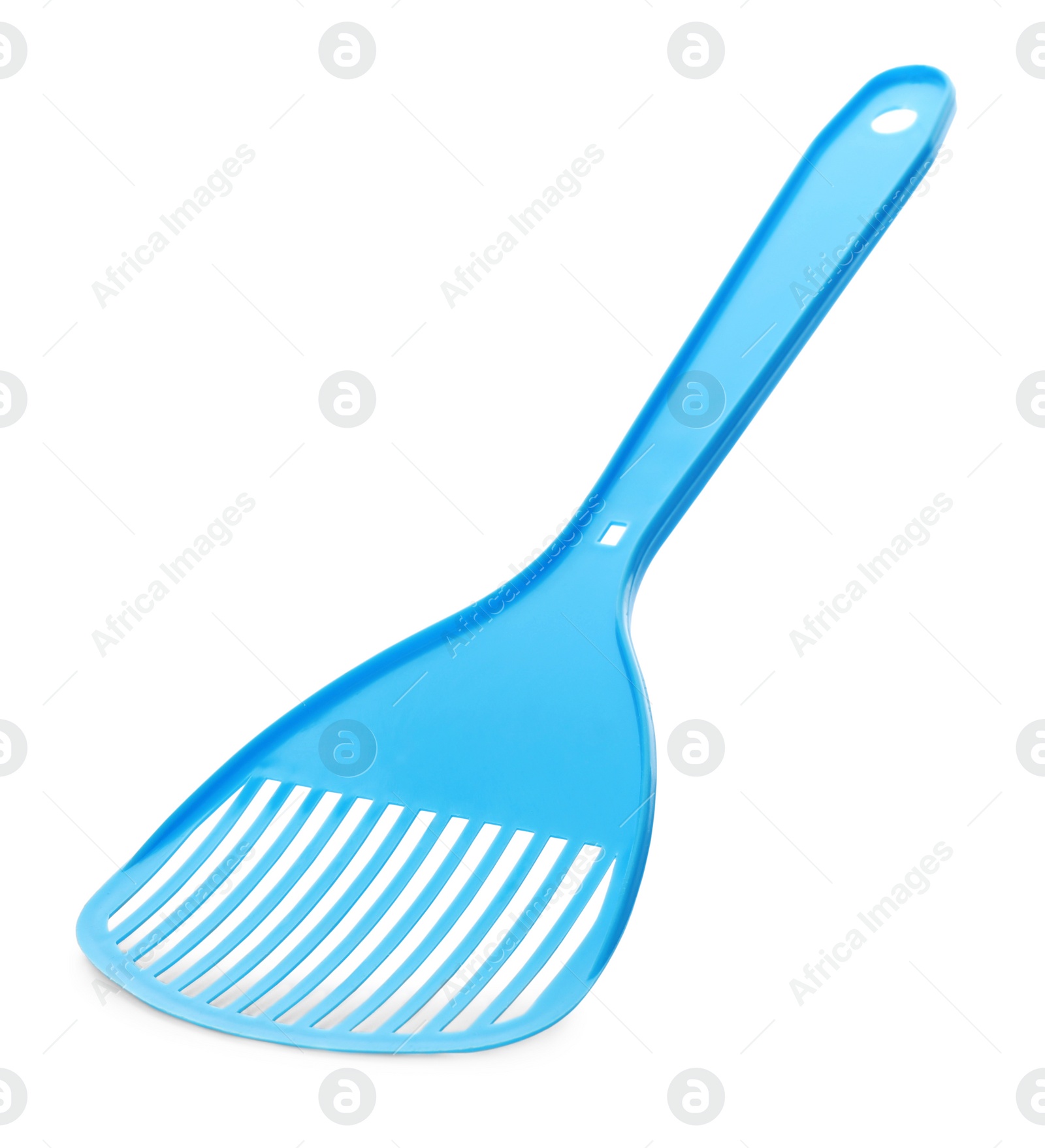 Photo of Light blue plastic scoop for cat litter isolated on white