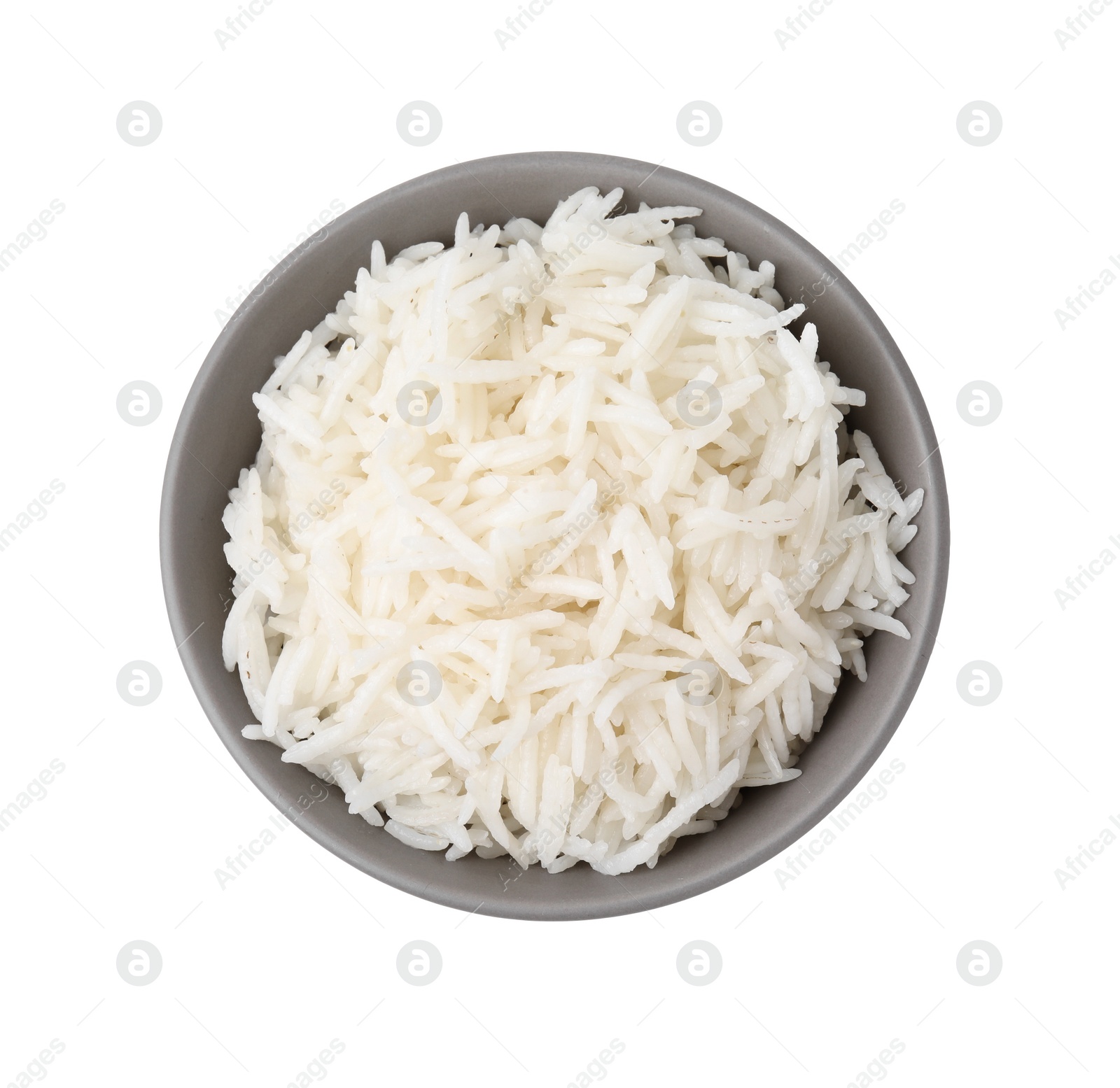 Photo of Delicious rice in bowl isolated on white, top view